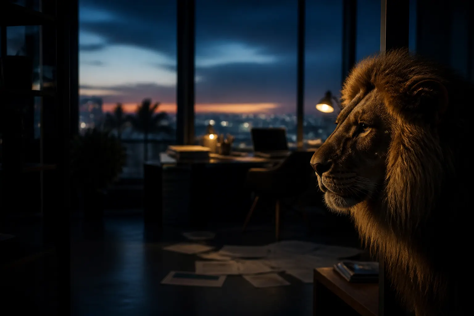 Lion africain calme symbolisant le leadership et la vision à long terme